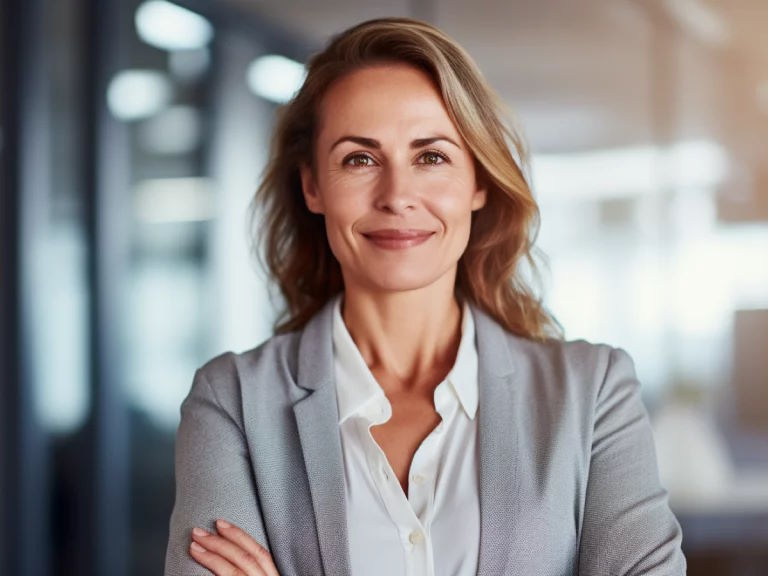 Confident female recruiter in a professional setting, representing strategic recruitment efforts and effective hiring practices.