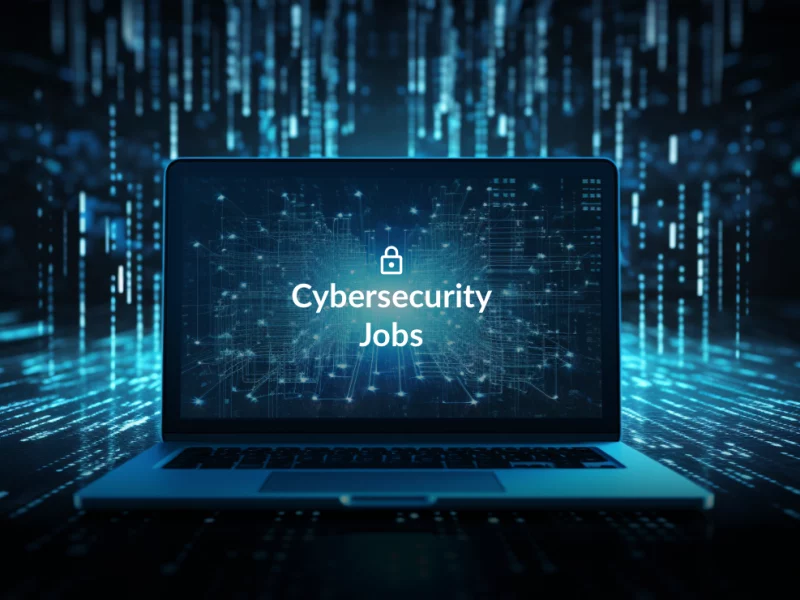 Laptop displaying “Cybersecurity Jobs” on a digital grid, highlighting career opportunities and competitive salary potential.