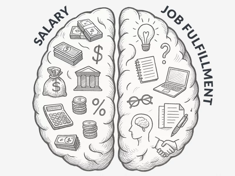Illustration of a brain split in two, visually representing the concept of job satisfaction vs salary through symbolic financial and professional icons.