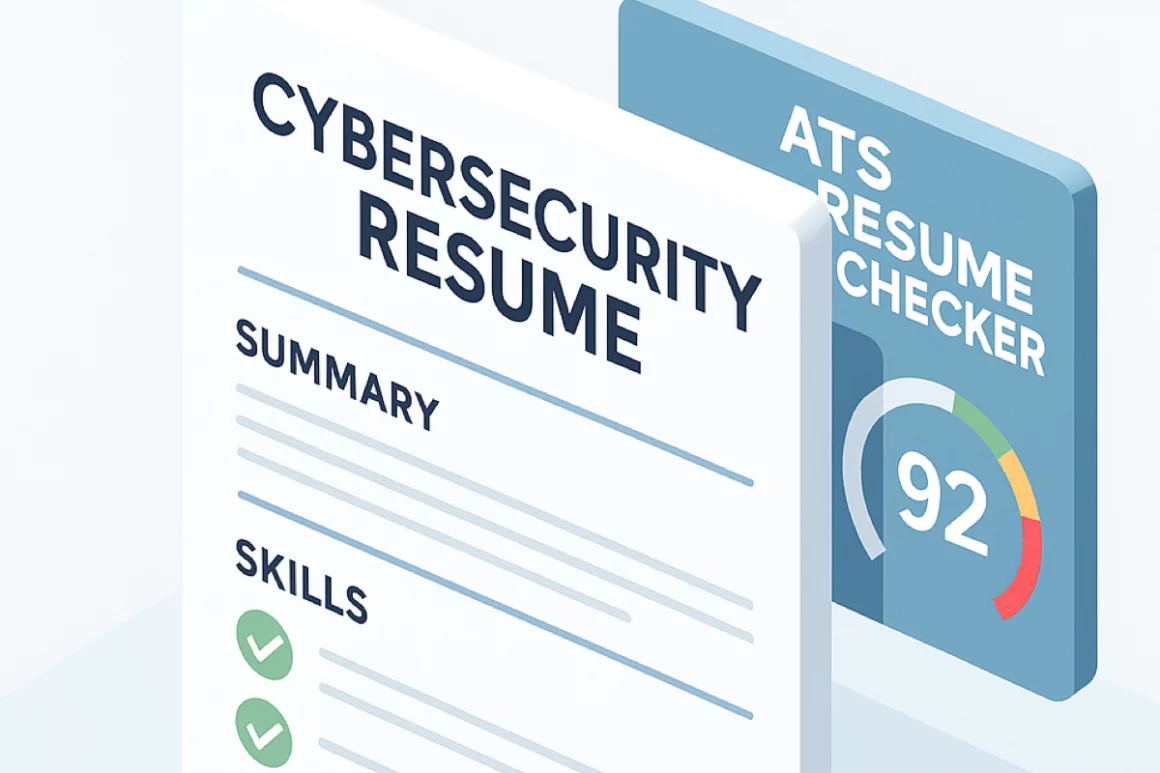 3D isometric illustration of a professional cybersecurity resume layout with ATS score indicators and check marks, highlighting ideal structure for job applications.