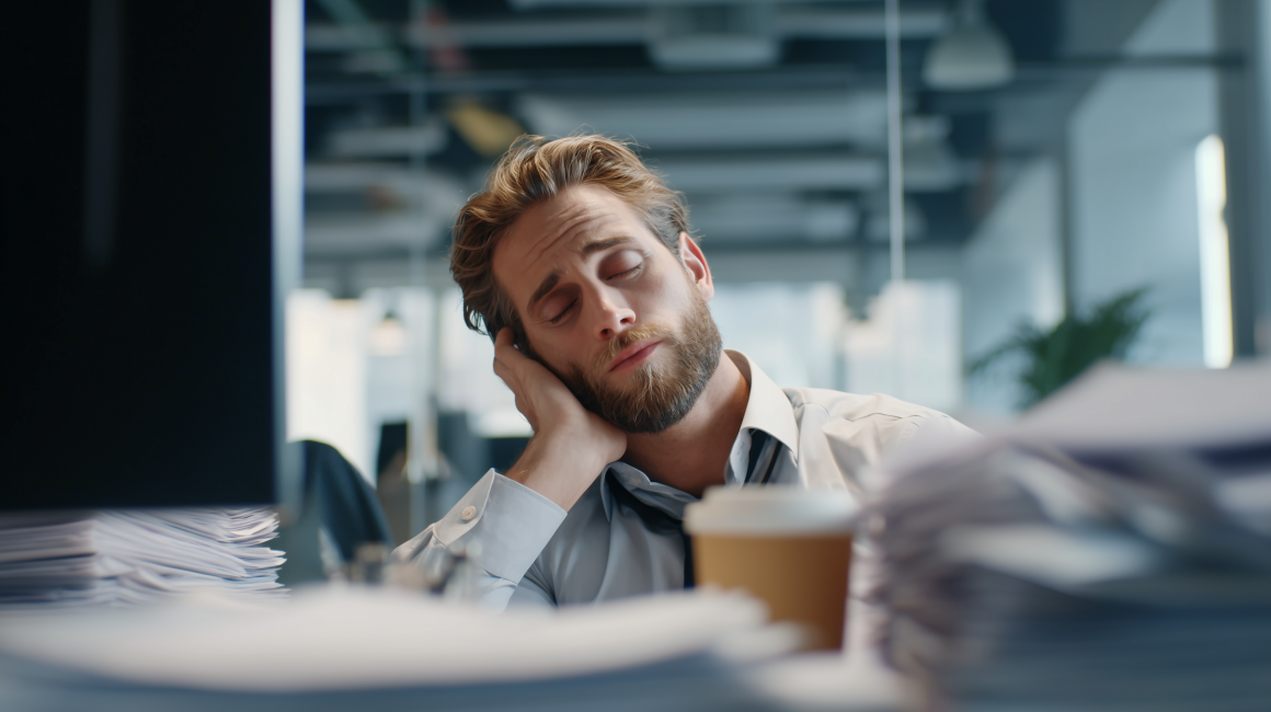 Exhausted executive falling asleep at desk in bright modern office, surrounded by paperwork – burnout and fatigue in leadership roles.