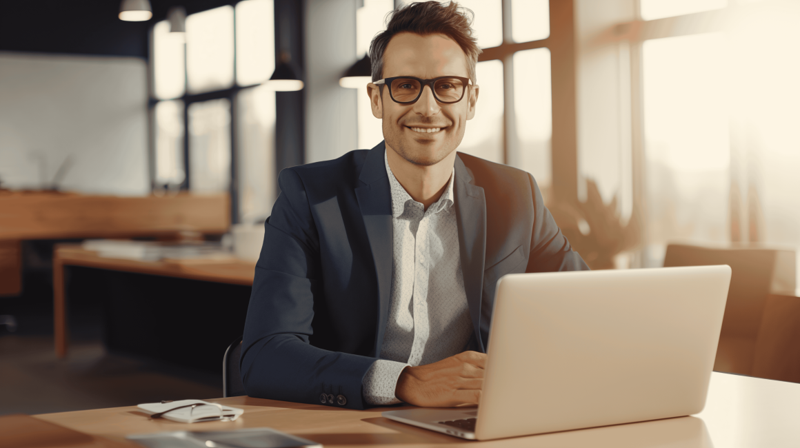 Confident executive man smiling at laptop in modern office