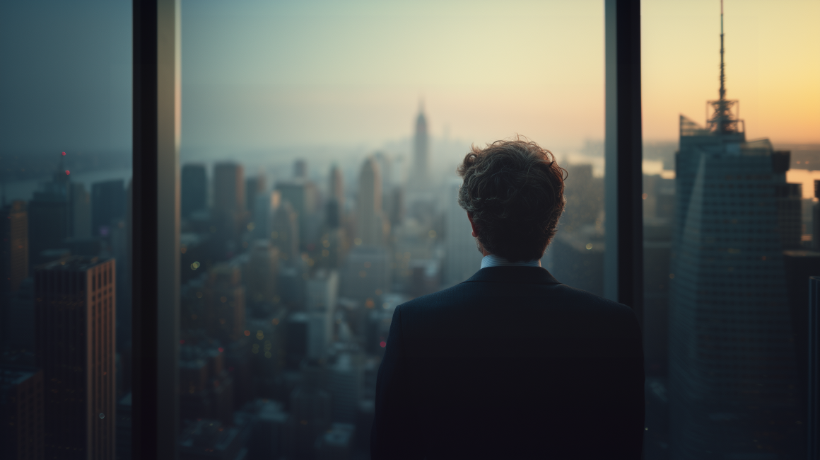 Executive man in suit looking out over New York City skyline at sunrise, symbolizing leadership resilience and strategic vision.