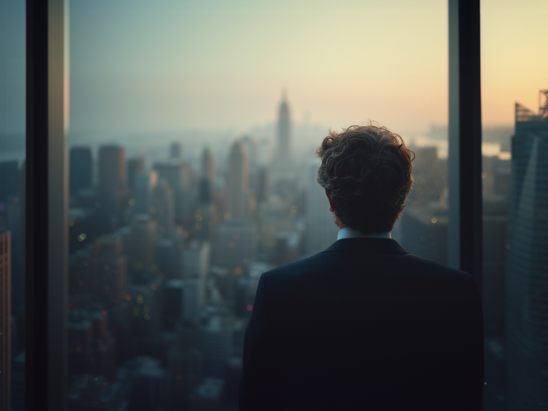 Executive man in suit looking out over New York City skyline at sunrise, symbolizing leadership resilience and strategic vision.