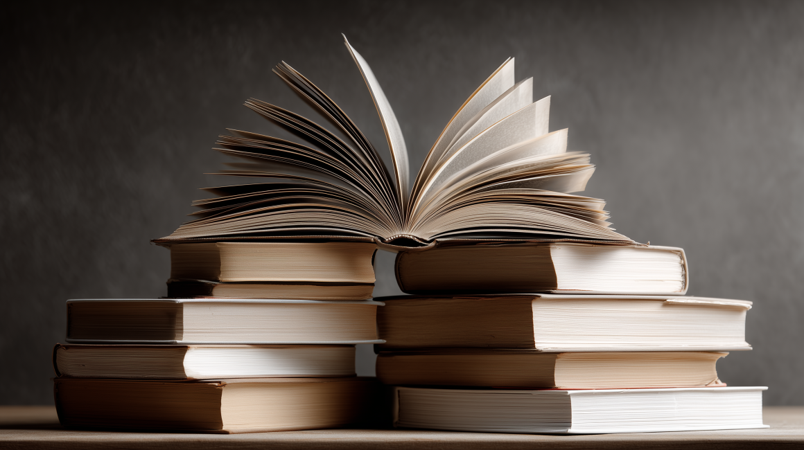 Stack of hardcover books with one open in the middle, pages fanned out, on a wooden table against a dark background.