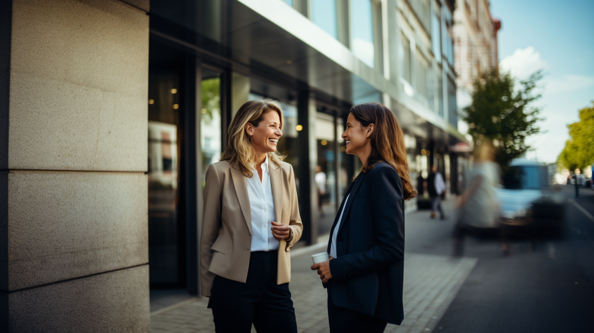 Two professional women in business attire smiling and talking outside an office building
